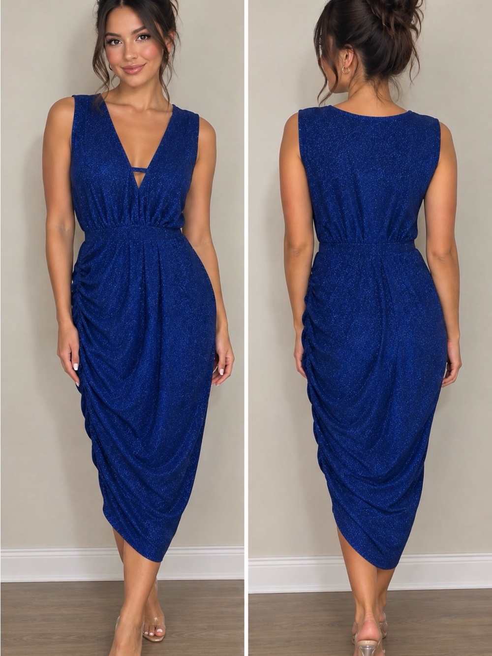 Sparkle V-Neck Ruched Midi Dress - Royal Blue